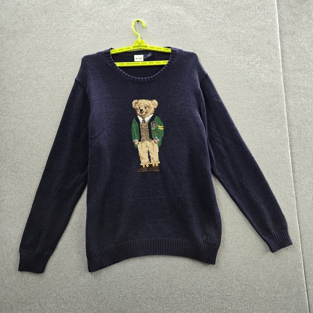 Polo Ralph Lauren Men Sweater 2XL Navy Linen Blend Preppie Polo Bear Knit